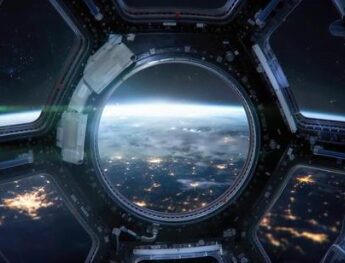 Earth planet in ISS Cupola. International space station. Surface of blue planet. Elements of this image furnished by NASA